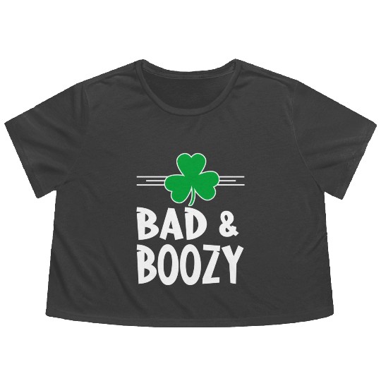 Bad And Boozy St Patricks Day Drinking Shamrock Ir Flowy Cropped Tees