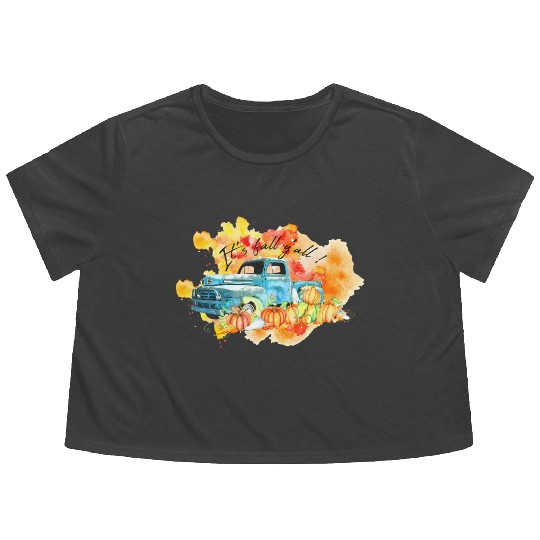Vintage Fall Truck Pumpkins Autumn Leaves It's Flowy Cropped Tees