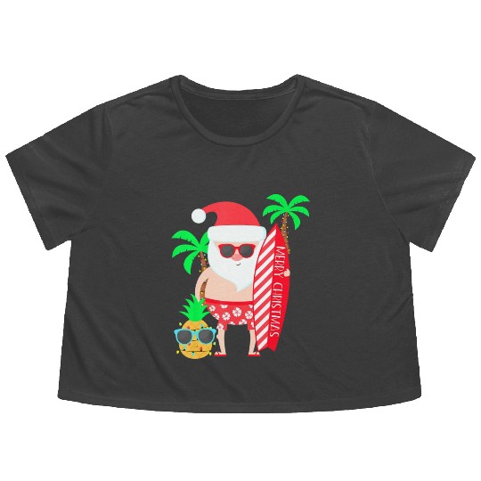 Santa Surfing Hawaiian Beach Christmas In July Flowy Cropped Tees