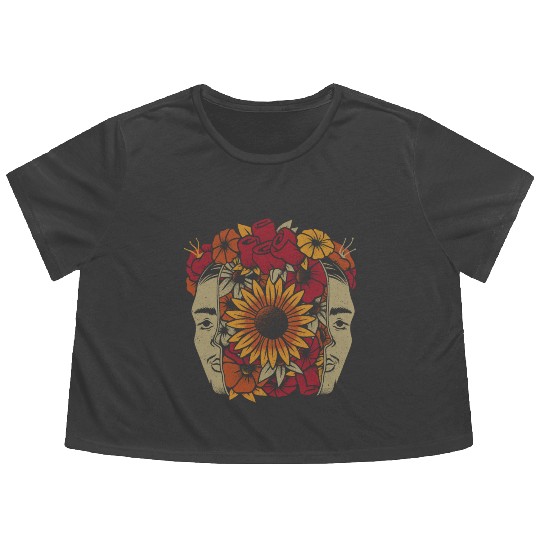 Frida Kahlo Head Flowers Flowy Cropped Tees