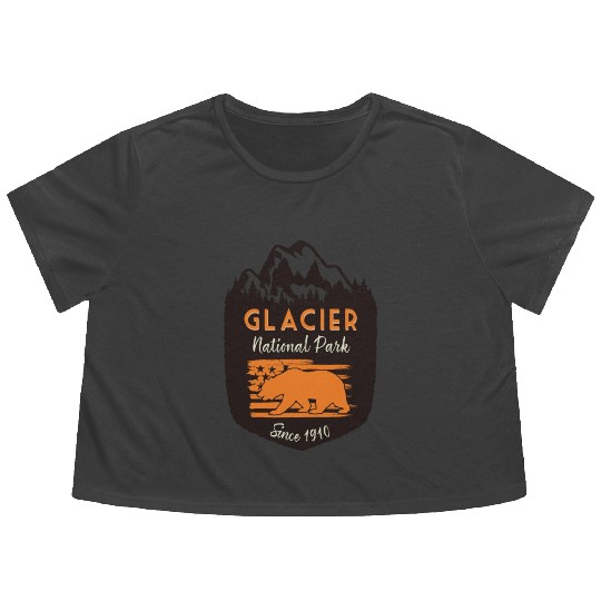 Glacier National Park Us Flag Grizzly Bear Flowy Cropped Tees