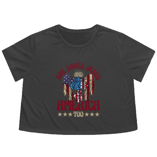 She loves jesus and America too Flowy Cropped Tees