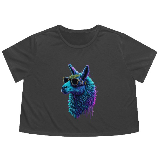 Neon Alpaca with Glasses Flowy Cropped Tees