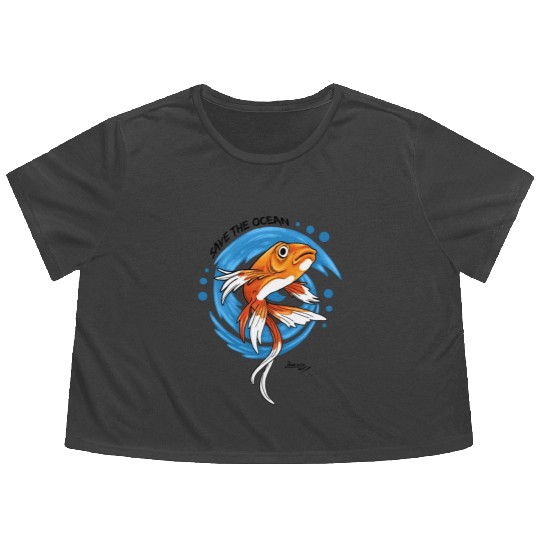 Save The Ocean Orange Fish Blue Waves Environment Flowy Cropped Tees