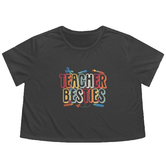 Teacher Besties Bestfriend Matching Teacher Bestie Flowy Cropped Tees