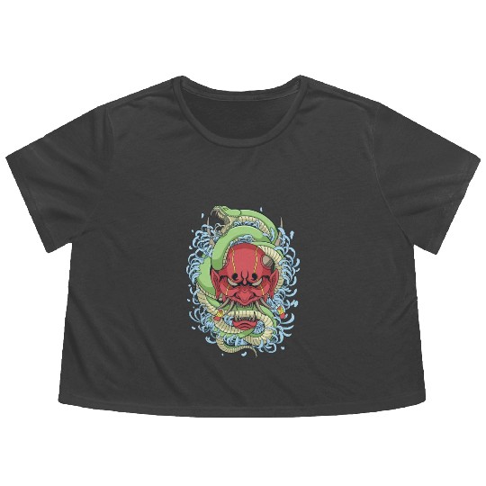 Japanese oni mask with peony flower and greem snak Flowy Cropped Tees
