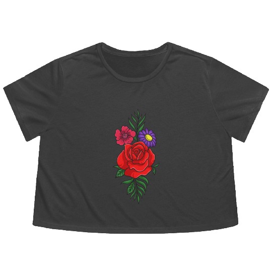 Beautiful red rose with daisy flower Flowy Cropped Tees