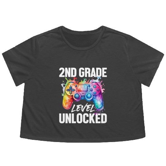 2ND Grade Level Unlocked Back to School Video Game Flowy Cropped Tees