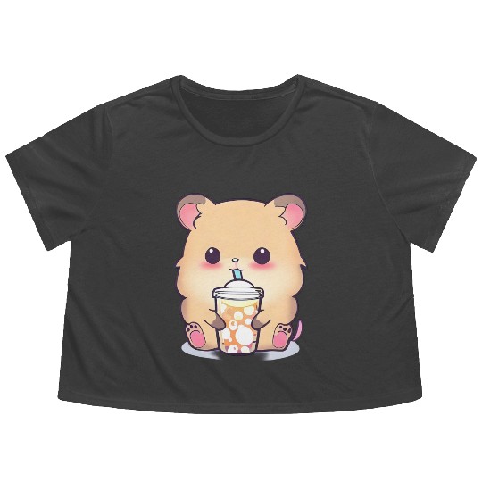 Kawaii hamster with bubble tea Flowy Cropped Tees