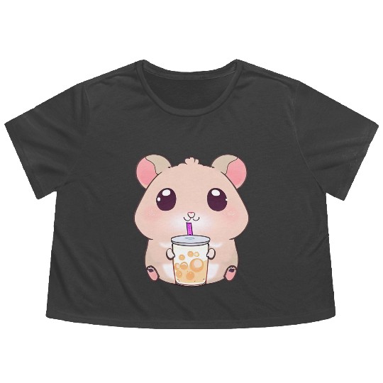 Kawaii hamster with bubble tea Flowy Cropped Tees