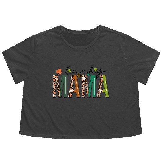 St Patrick'S Day Leopard For Mom Grandma Lucky Mam Flowy Cropped Tees