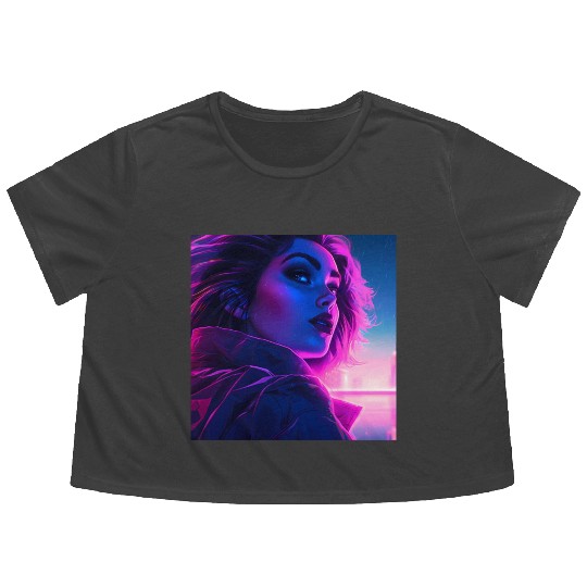 Synthwave Girl - Futuristic Design Flowy Cropped Tees