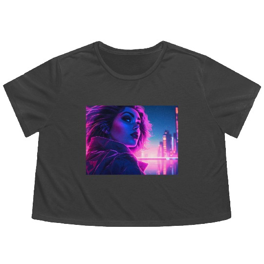 Synthwave girl in front of a neon light city Flowy Cropped Tees