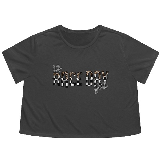 Leopard It'S Race Day Y'All Checkered Flag Racing Flowy Cropped Tees