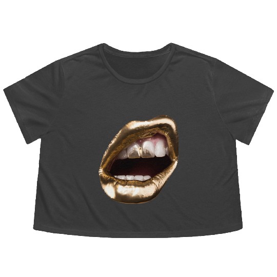 Gold Lips Mouth Lady Kiss Me Lipstick Flowy Cropped Tees