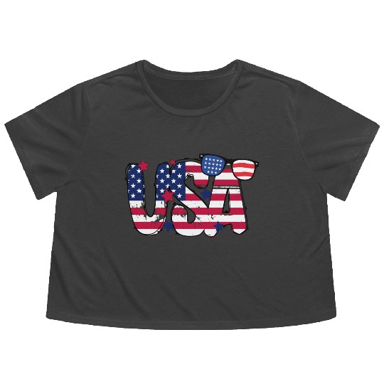 USA Flag Patriotic 4th of July America day of Flowy Cropped Tees