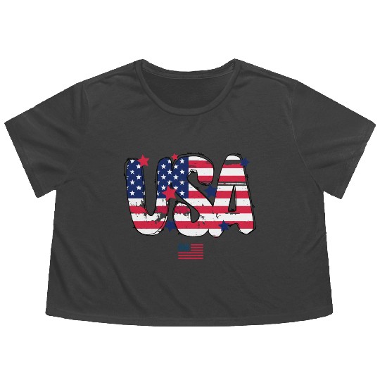 USA Flag Patriotic 4th of July America day of Flowy Cropped Tees