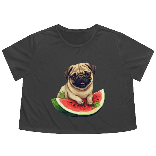 Pug with Melon, Funny Summer Design for Dog Lovers Flowy Cropped Tees