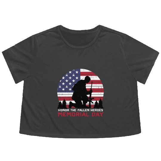 Honor The Fallen Heroes Memorial Day Us Flag Flowy Cropped Tees