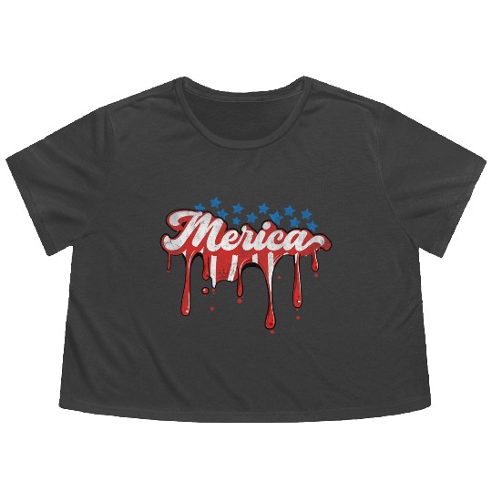 Merica Us Flag Dripping 4th Of July Flowy Cropped Tees