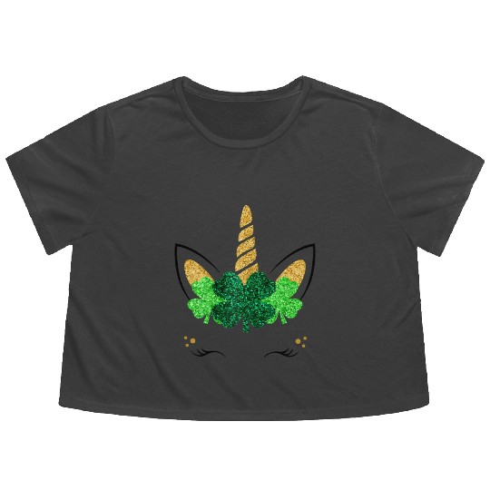 Unicorn Face St Patrick'S Day Unicorn Shamrock Flowy Cropped Tees