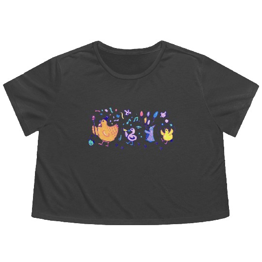Colorful Bird Party Parade In Acrylic Flowy Cropped Tees