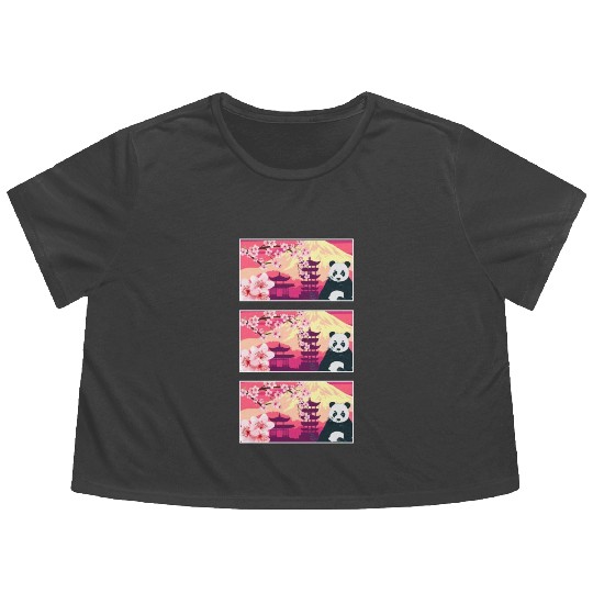 Cherry Blossom Flowy Cropped Tees, Women's Panda Sakura Kawaii