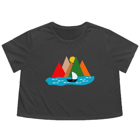 Black Sailing Boat Scape Flowy Cropped Tees