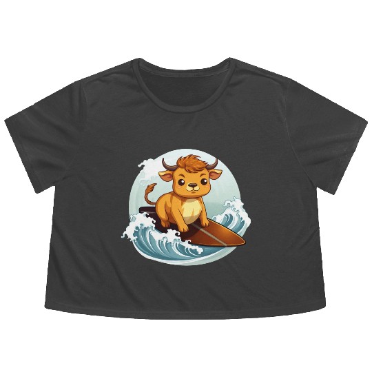 Surfing Cow on Surfboard, Adventurous Animal Flowy Cropped Tees