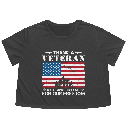 US Army Thank A Veteran American Flag Flowy Cropped Tees