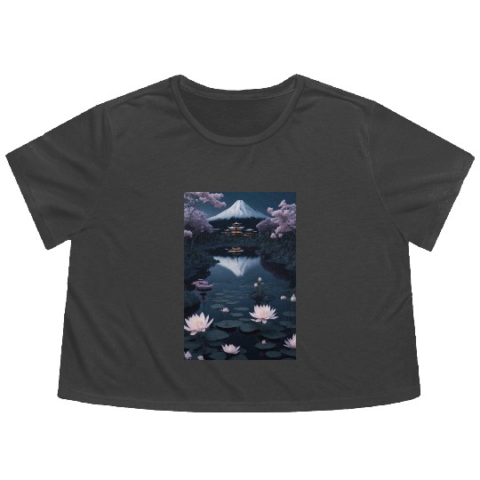 Asia Landscape by night Serene Mount Fuji Flowy Cropped Tees