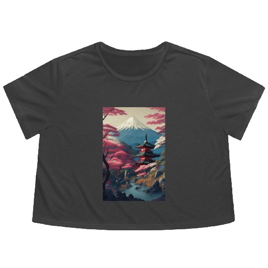 Asia Landscape Serene Mount Fuji Flowy Cropped Tees