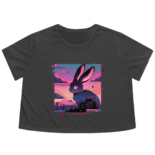 Synthwave Rabbit Cyber Bunny Retro Flowy Cropped Tees
