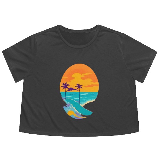Golden Horizon: Serene Sunset & Surfing Paradise Flowy Cropped Tees