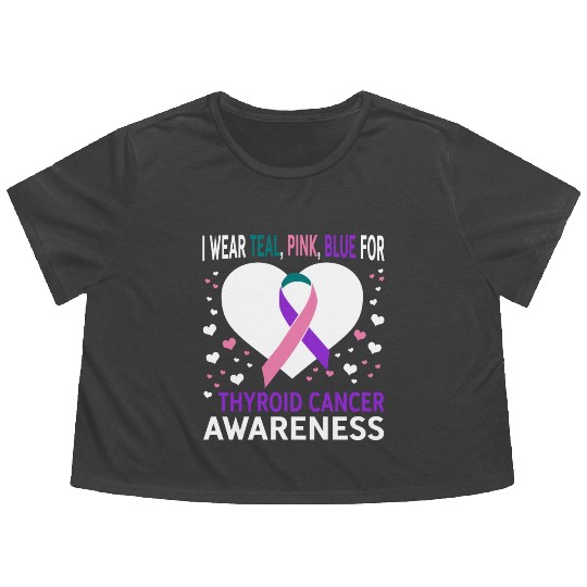 I Wear Teal Pink Blue For Support Thyroid Cancer Flowy Cropped Tees