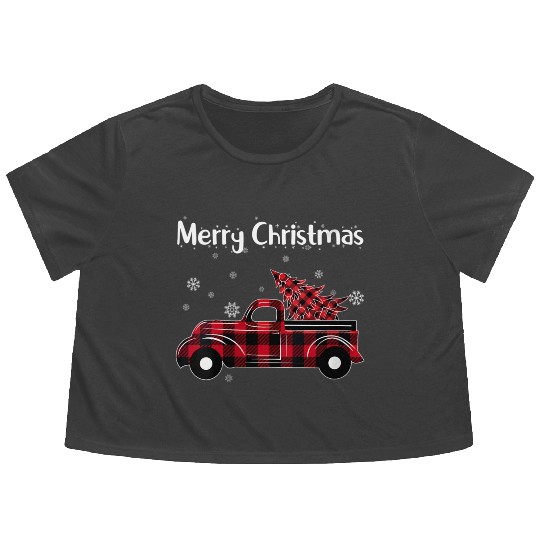 Merry Tree Wagon Buffalo Plaid Truck Flowy Cropped Tees