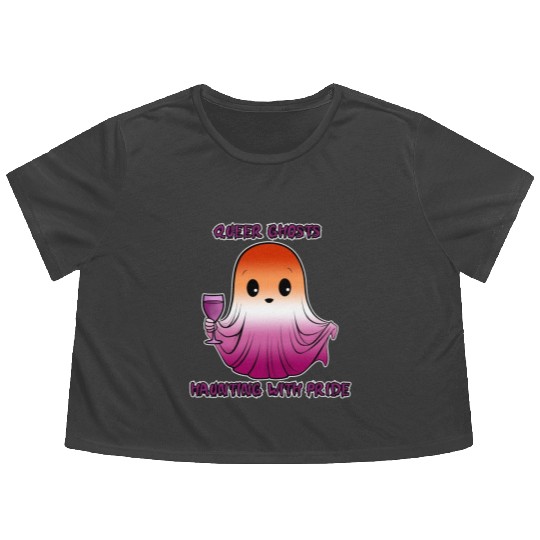 Queer Ghosts, Ghost in Lesbian Flag Colors Flowy Cropped Tees