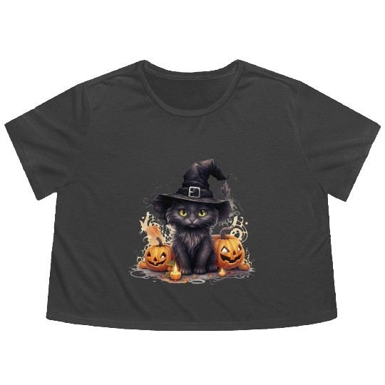 Cat Sticker, Black Cat Witch, Halloween, Flowy Cropped Tees