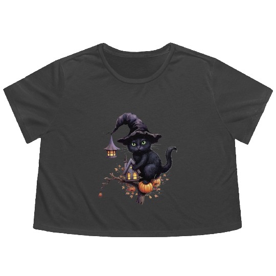 Cat Sticker, Black Cat Witch, Halloween, Flowy Cropped Tees