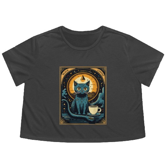Black Coffee Cat Tarot Card Occult Flowy Cropped Tees