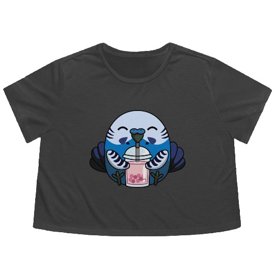 Bubbly Budgie Cute Adorable Budgie with Bubble Tea Flowy Cropped Tees