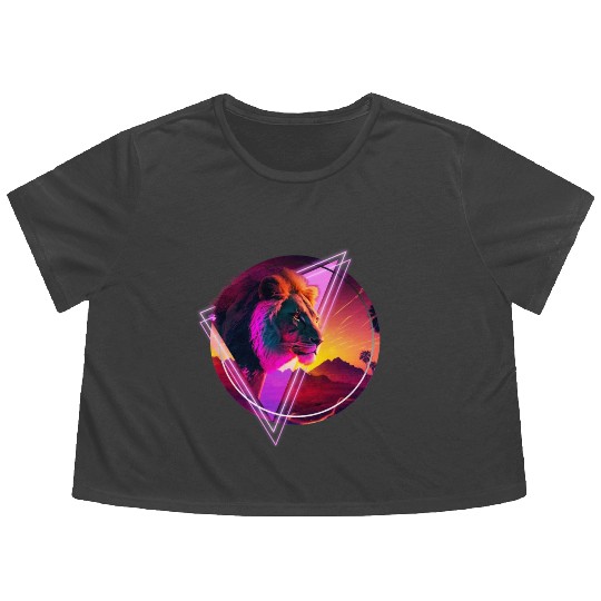 Synthwave desert Lion Flowy Cropped Tees