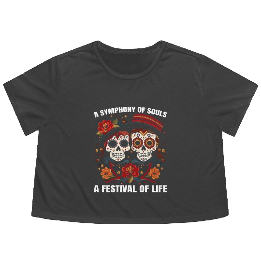 Dia De Los Muertos Sugar Skull Mexican Holiday Flowy Cropped Tees