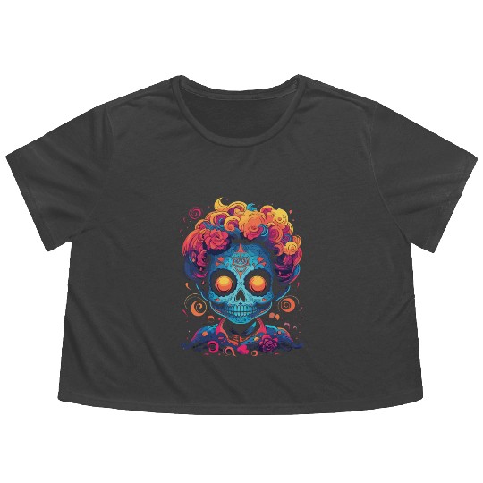 Dia De Los Muertos Sugar Skull Mexican Holiday Flowy Cropped Tees