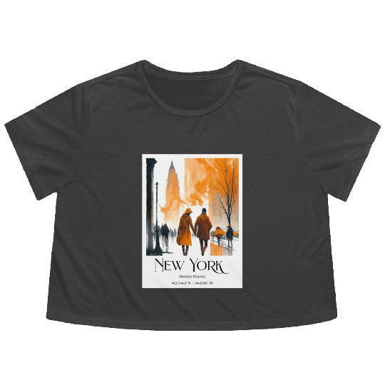 Watercolor painting loving couple in New York City Flowy Cropped Tees