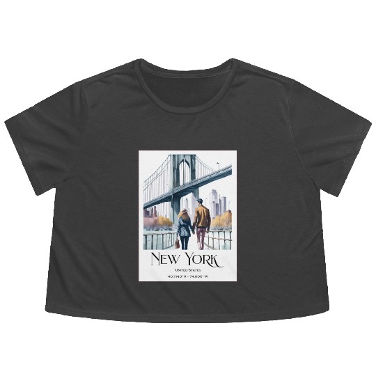Watercolor painting loving couple in New York City Flowy Cropped Tees