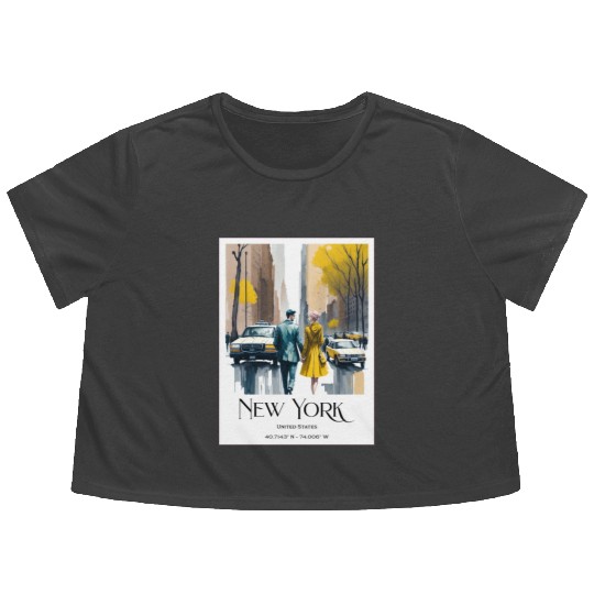 Watercolor painting loving couple in New York City Flowy Cropped Tees