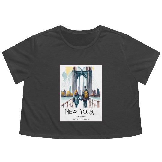Watercolor painting loving couple in New York City Flowy Cropped Tees