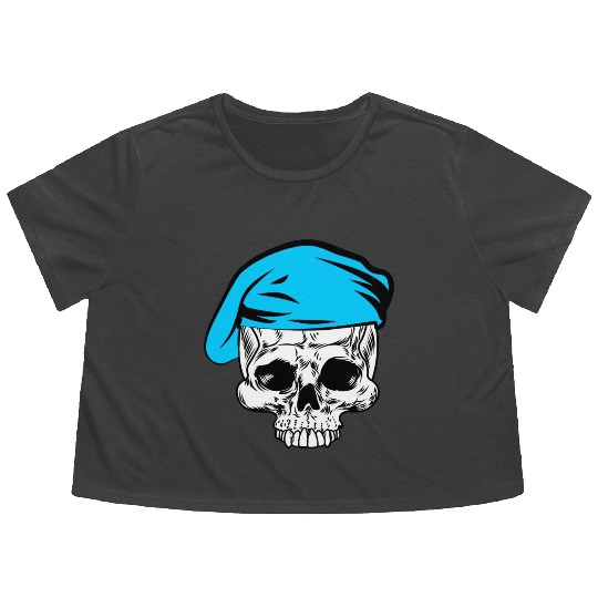 Skeleton skull blue beret military Flowy Cropped Tees