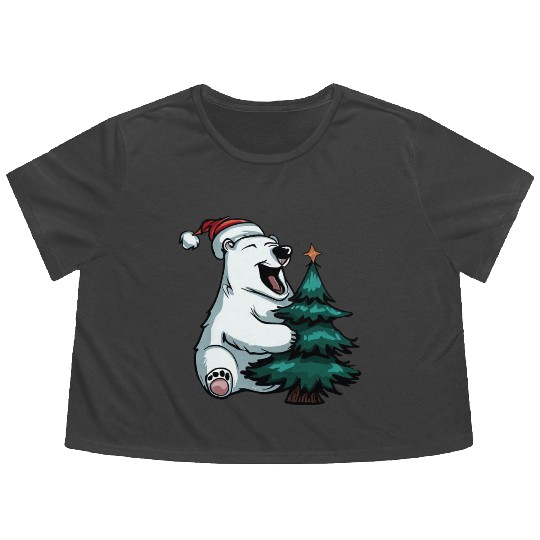 Christmas Polar Bear: Amidst Pines and Stars Flowy Cropped Tees